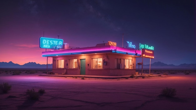 Desolate Gas Station with Neon Sign in The Middle of The Dessert