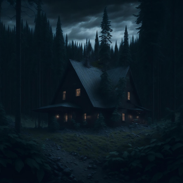 Photo a desolate home nestled in a pitchblack forest rendered in 8k uhd with a photorealistic detail