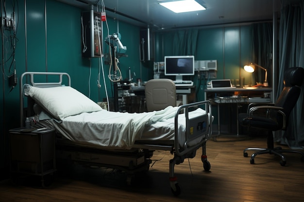 荒れ果てた病院の部屋には入院の兆候がないベッドが1つあります