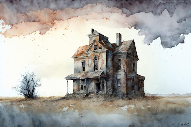 Desolate house stands alone watercolor painting Symbol of abandonment and desolation