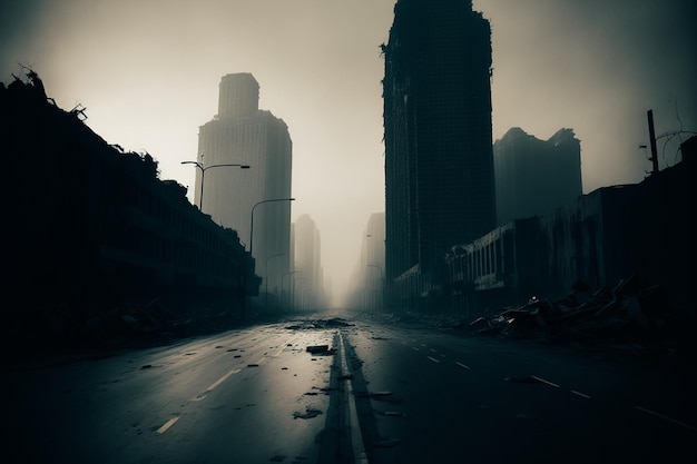 A desolate image of a concrete road surrounded by towering skyscrapers