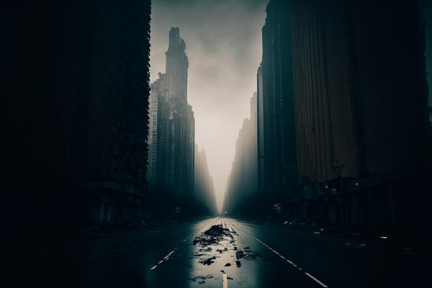 A desolate image of a concrete road surrounded by towering skyscrapers