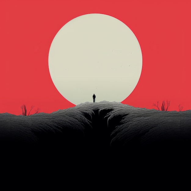 The Desolate Journey A Minimalistic Illustration Of A Man Walking In The Shadow Of The Red Sun