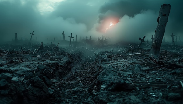 A desolate landscape with a field of crosses and a large glowing cross