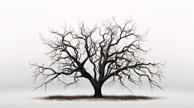 A desolate leafless tree standing on a white background