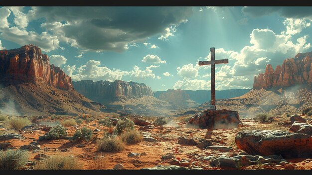 Пустынная площадка с одиноким крестом среди обоев