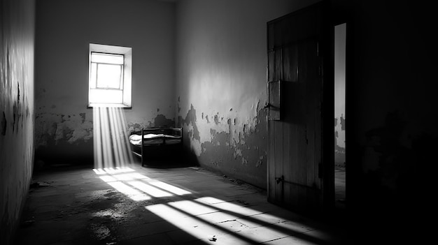 Photo desolate prison cell with a shaft of light falling on an open door hinting at freedom