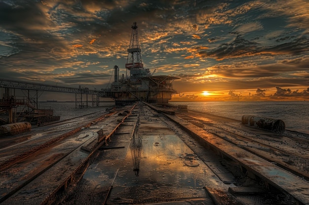 A desolate scene of a deserted oil rig with a sunset in the background