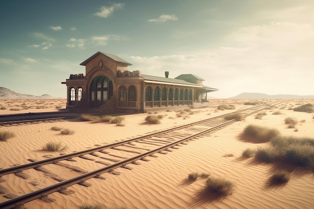 A desolate train station engulfed by sand dunes