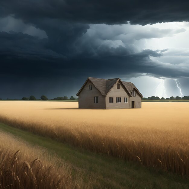 Photo an desolated house in the middle of an wheat field with ai