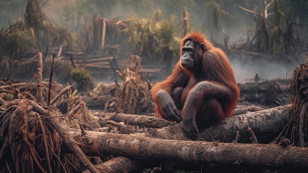 Опустошение, вызванное вырубкой лесов Орангутан сидит на вырубленном дереве