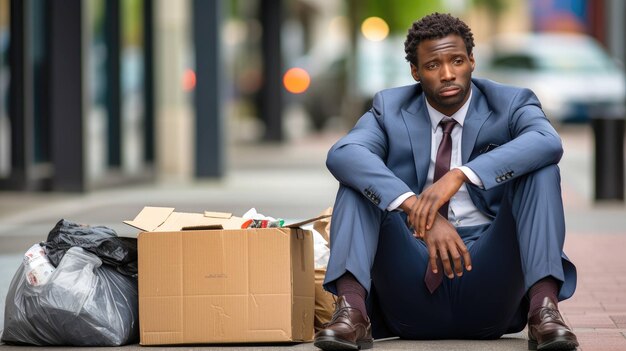 desolation on a sidewalk grappling with unemployment amidst belongings