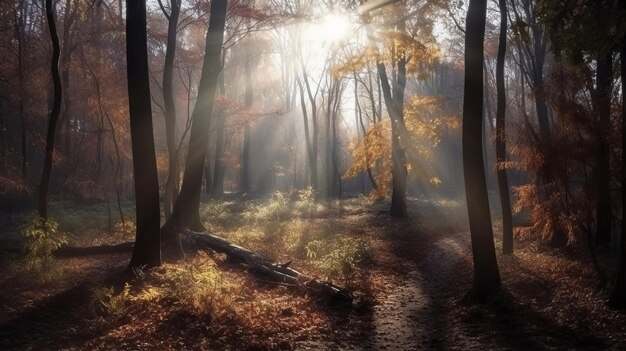 Desoriënterende scène van een bosgebied in de verzameltijd met zonnestralen die door de door AI gegenereerde takken binnenkomen