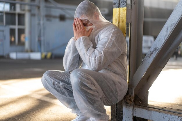 Despair healthcare worker in white covid protective overalls Tired Male caucasian doctor grabs his head cower in depression during coronavirus pandemic