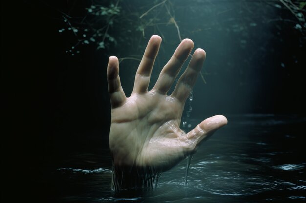 Desperate hand reaching out from rushing water a final struggle against drowning