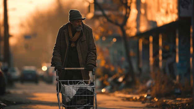 Desperate homeless man carries shopping cart with his belongings