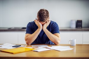 Desperate man leaning on table and holding head in hands because he have no money to pay bills.