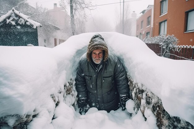 雪に埋もれた激しい吹雪から逃げようとする絶望的な男