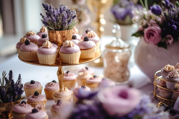 Dessert buffet table food catering for wedding party holiday celebration lavender decor cakes and desserts in a country garden generative ai