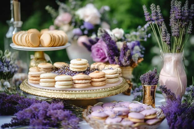Dessert buffet table food catering for wedding party holiday celebration lavender decor cakes and desserts in a country garden generative ai