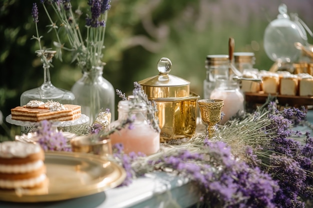 Dessert buffet tafel eten catering voor huwelijksfeest vakantie feest lavendel decor taarten en desserts in een landelijke tuin generatieve ai