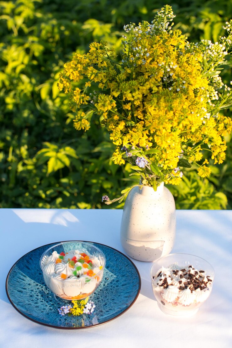 Photo 自然のクリームでグラスのデザートケーキ リンゴの花で飾られた子