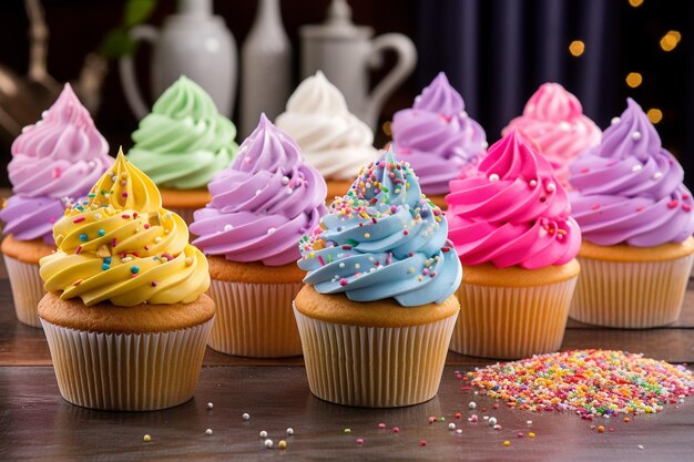 Foto decorazione di cupcake per la celebrazione del dessert con glassa multicolore