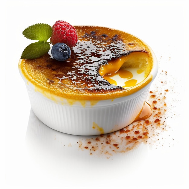 A dessert creme brulee on it and a raspberry on the top