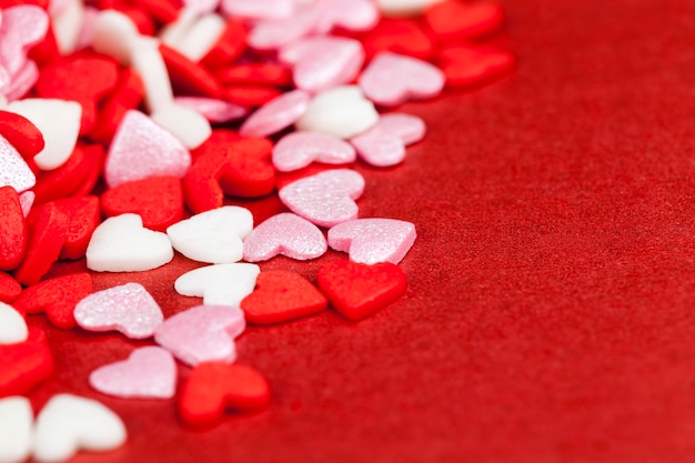 Dessert decorations made of red and white sweet heart shaped candies