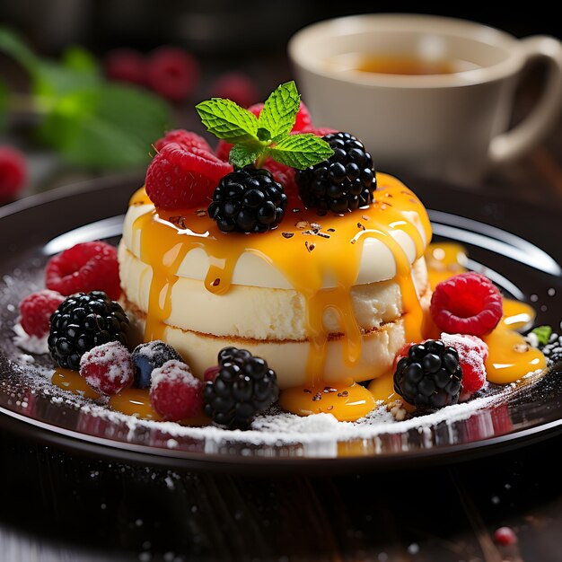 dessert in the form of a sphere on a white plate with mango and berries