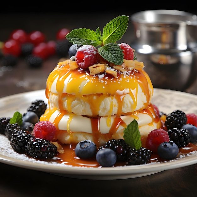 десерт в виде сферы на белой тарелке с манго и ягодами