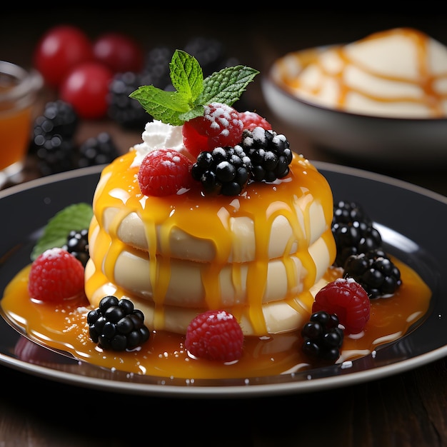 dessert in the form of a sphere on a white plate with mango and berries