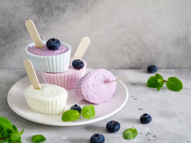 Dessert, frozen yogurt or ice cream in a white bowl on gray background. Decorated with berries and fresh mint. Summer desserts concept. Copy space.