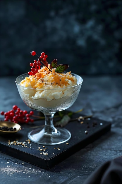 a dessert in a glass bowl on a table