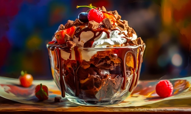 Dessert in glass bowl with chocolate cherries and whipped cream Generative AI