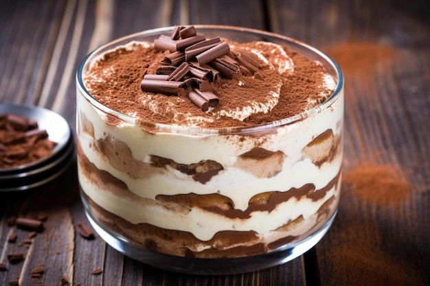 Foto un dessert in una ciotola di vetro con mousse al cioccolato sopra.