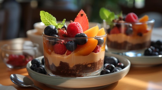 A dessert in a glass with fruit on top