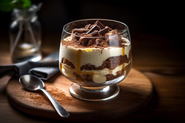 A dessert in a glass with a spoon on a wooden board.