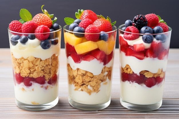 Dessert in a glasses with berries healthy organic breakfast or snack concept generative ai