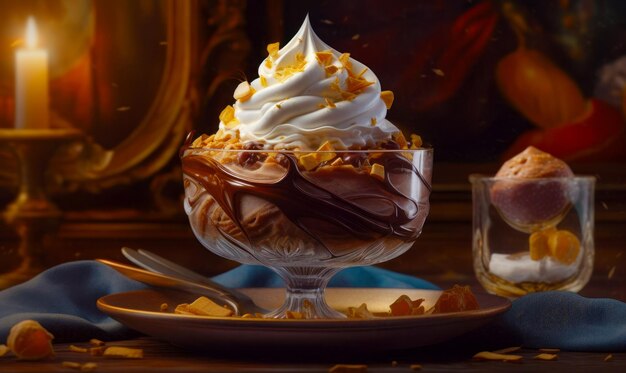 Dessert in glazen kom op bord met lepel ernaast Generatieve AI