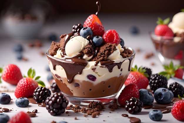 Dessert indulgence ice cream chocolate fresh berries