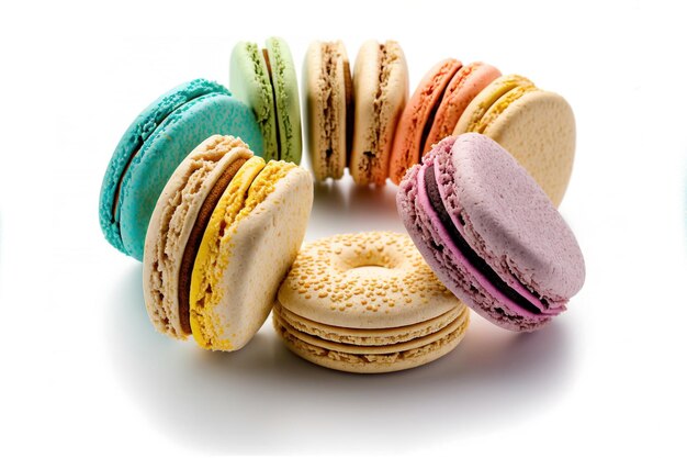 Dessert macarons in de vorm van een cirkel gebakken in verschillende kleuren met amandelmeel geïsoleerd op een witte achtergrond