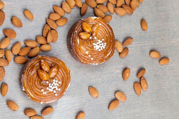 Dessert made of dough and dairy products in caramel