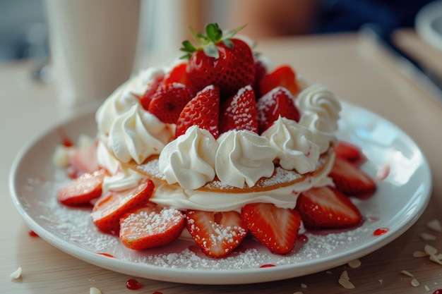 Dessert met aardbeien en slagroom.