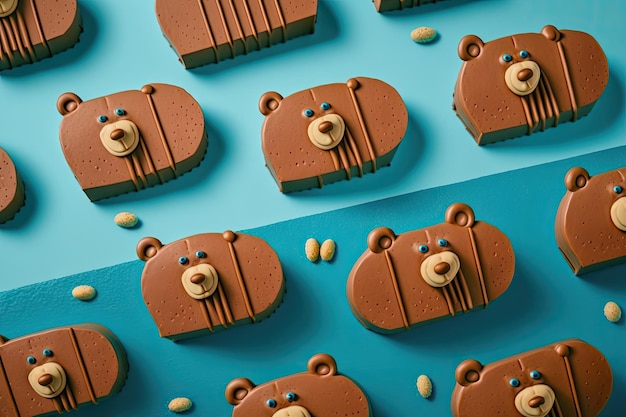 사진 생성 인공 지능으로 만든 파란색 배경에 갈색 곰 모양의 디저트 무스 케이크