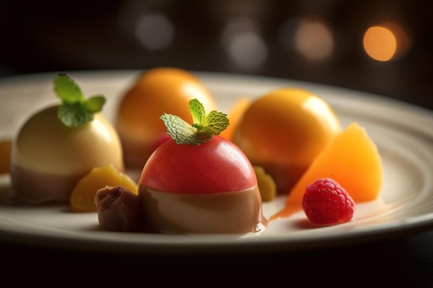 A dessert plate with a chocolate mousse and a mint leaf on top.