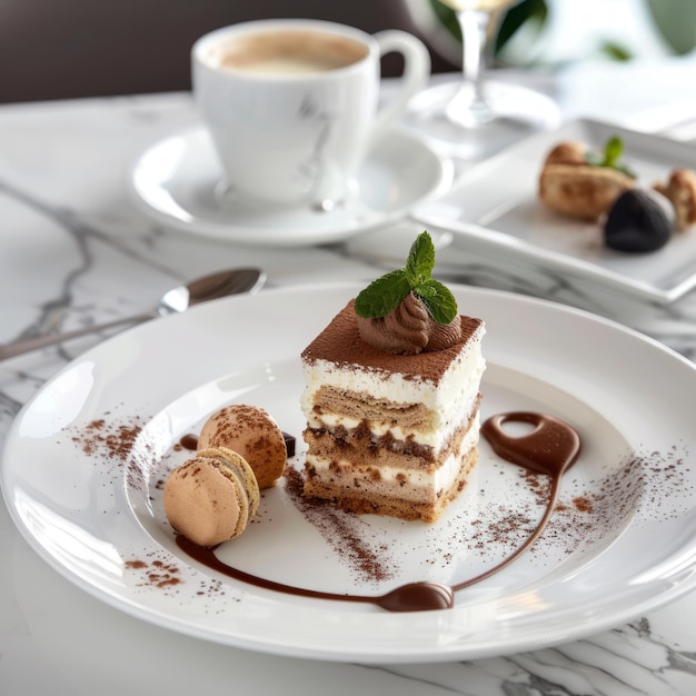 Photo a dessert plate with a dessert and a cup of coffee