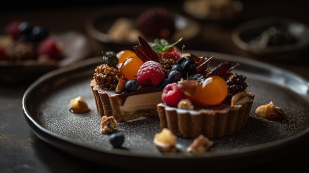 A dessert plate with a fruit tart on it