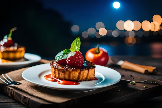 a dessert on a plate with a piece of cake on it