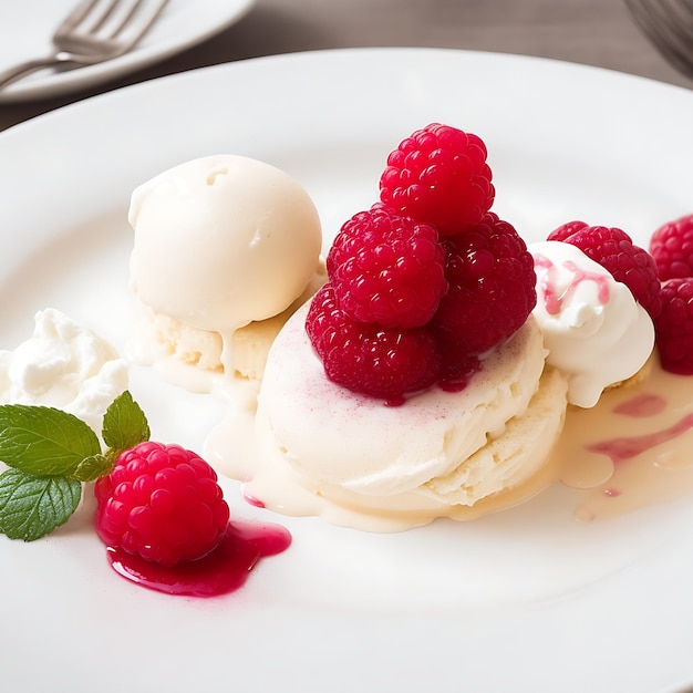 A dessert plate with raspberry and vanilla ice cream